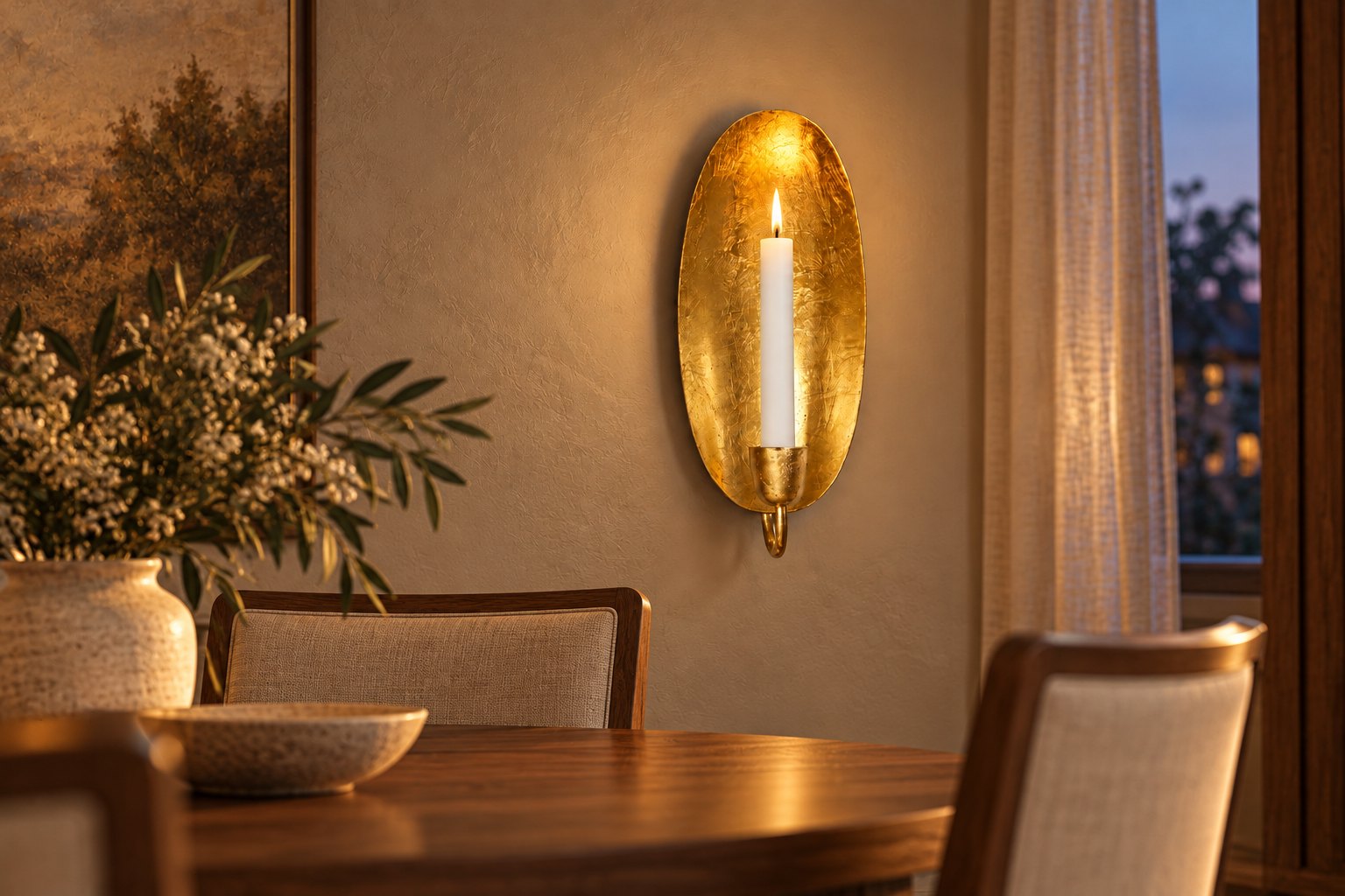 Oval gold leaf wall candle holder mounted on a dining room wall
