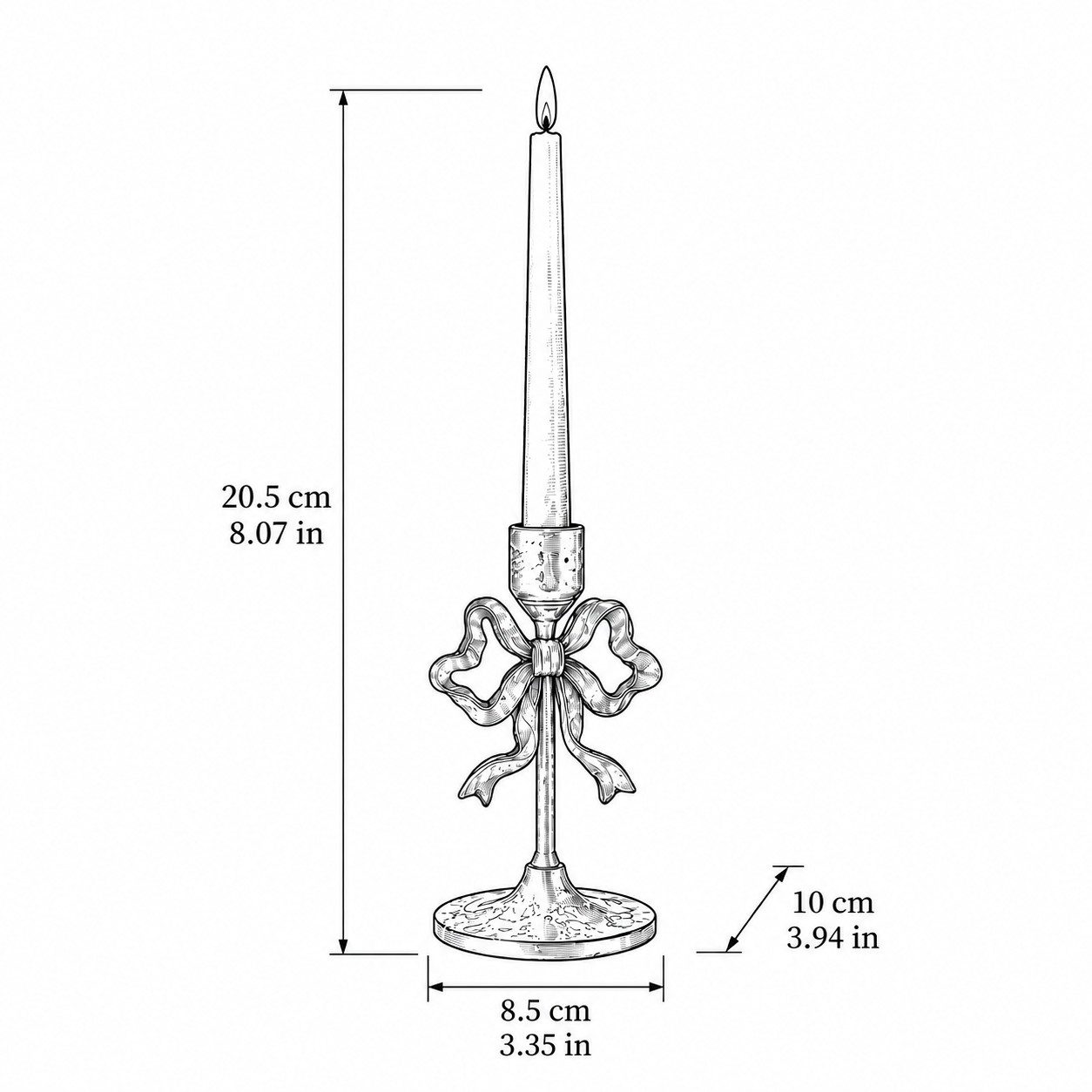 Rysunek wymiarów świecznika Metalowa kokarda: W8.5cm (3.35in) * H20.5cm (8.07in) * L10cm (3.94in)