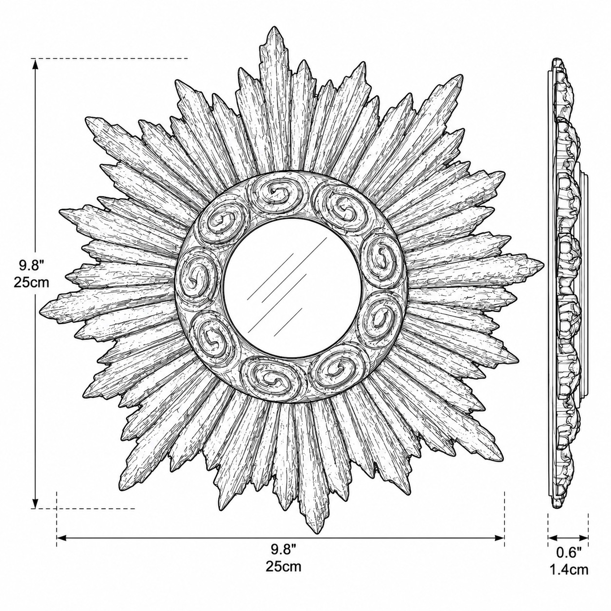 Disegno quote Stella H 9.8 × W 9.8 × D 0.6 in / 25 × 25 × 1.4 cm