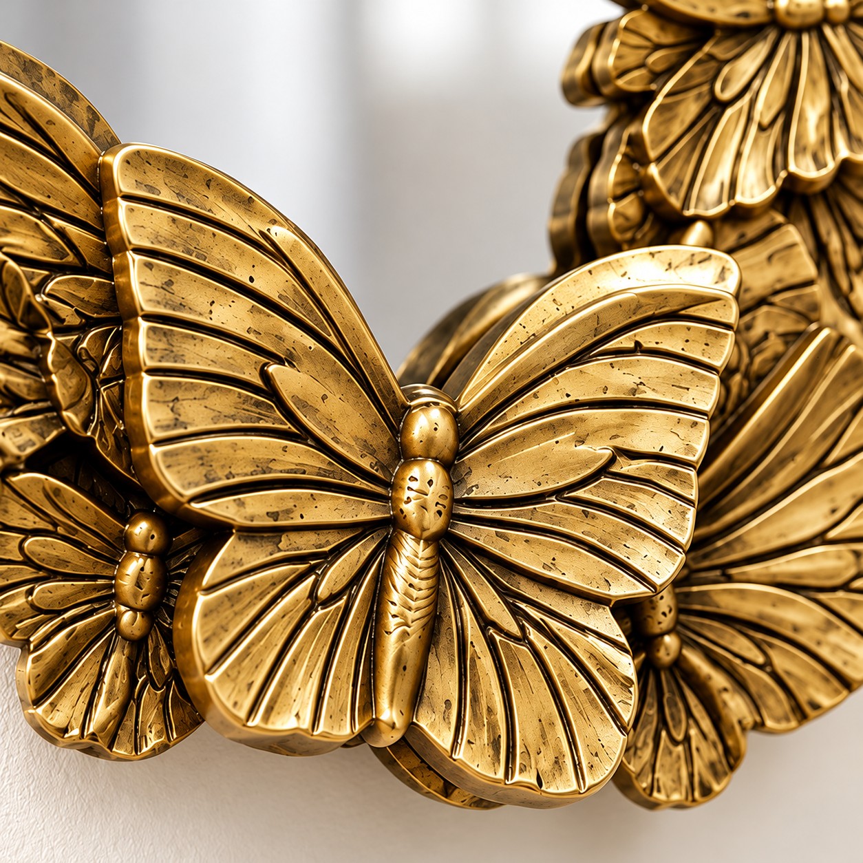 Close-up of antique-gold butterfly mirror frame