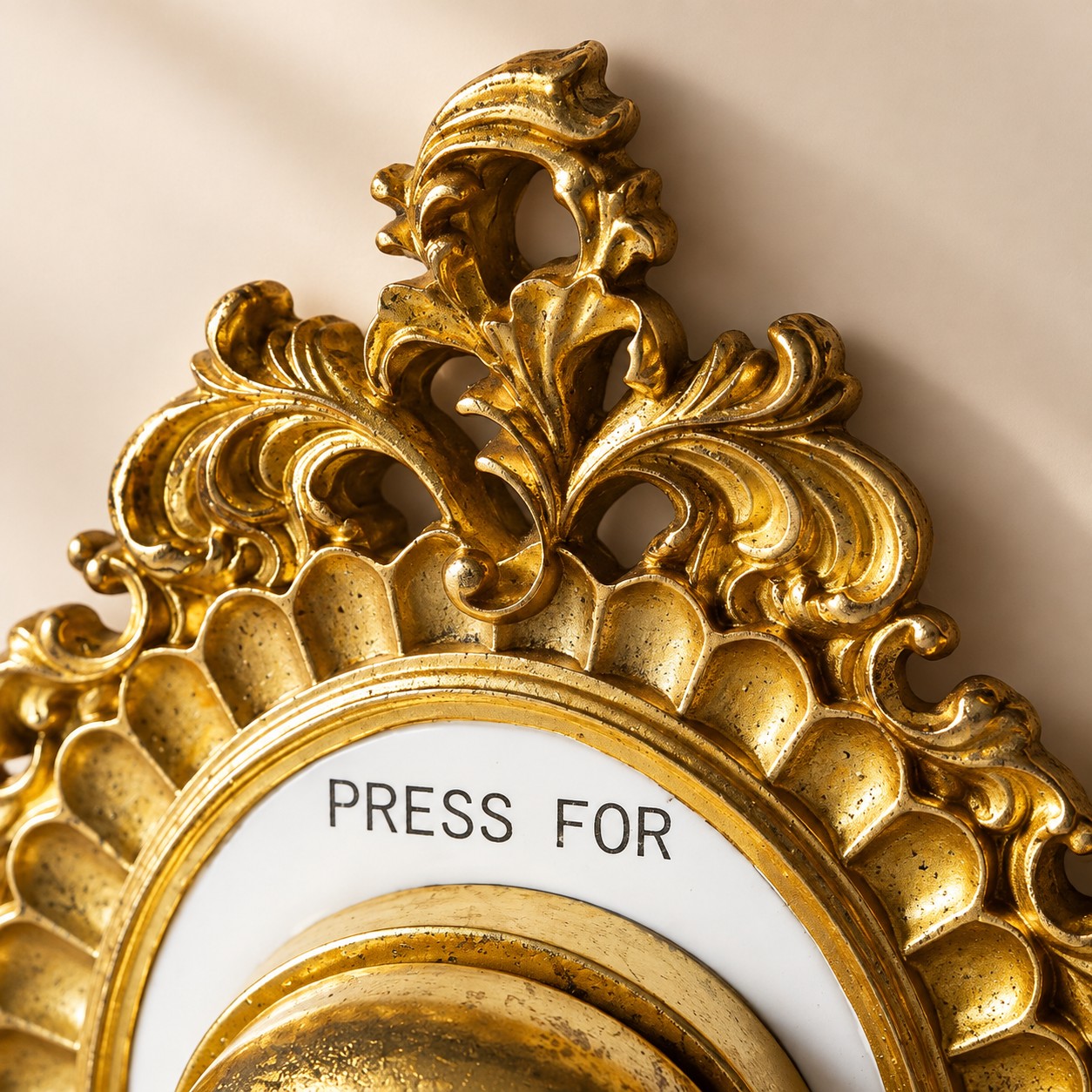 Cadre à volutes doré sur un champ ivoire avec PRESS FOR