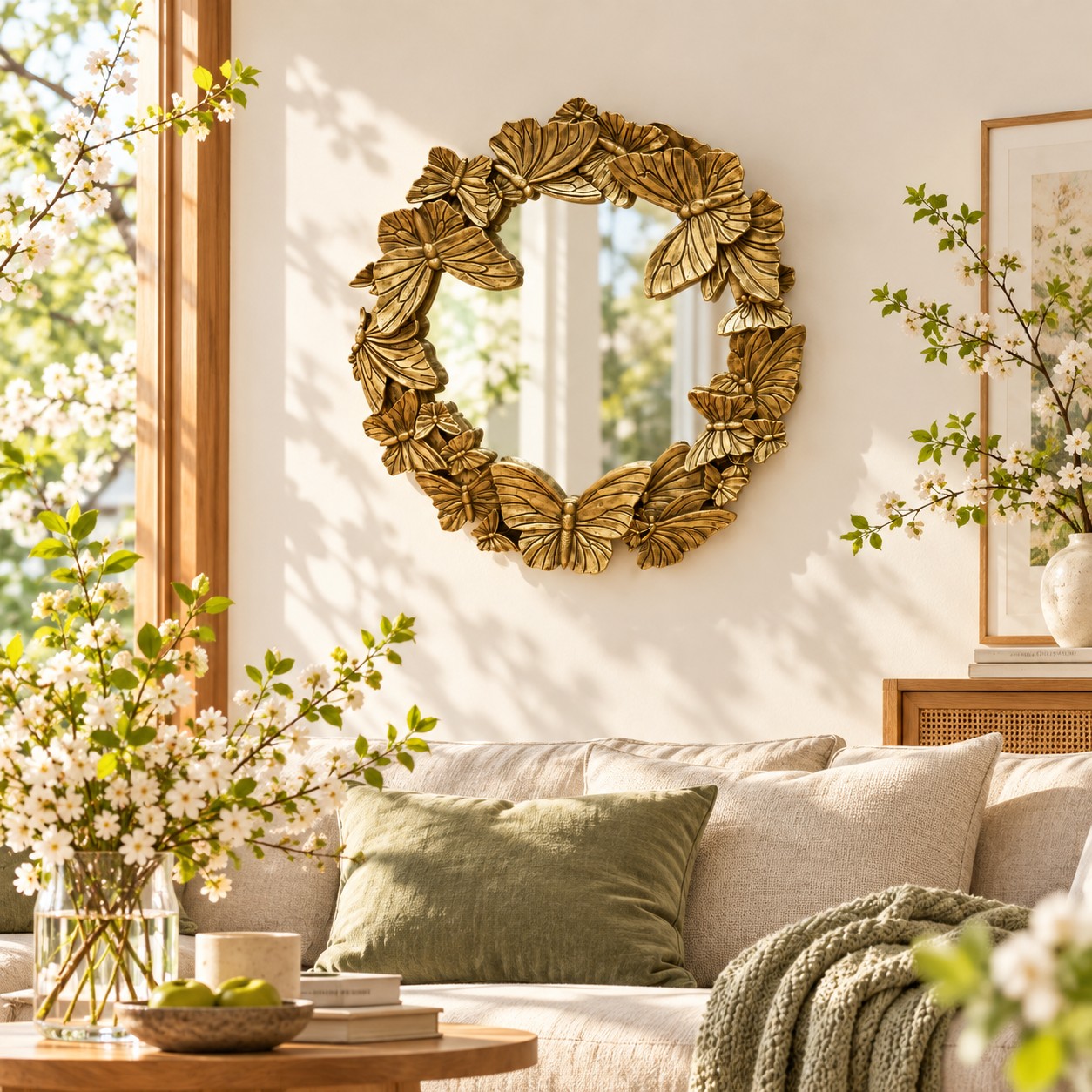 Gold butterfly mirror above a living room console