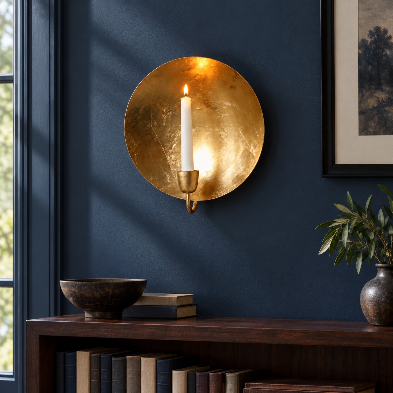 The reading room with gold leaf wall candle holder; illustrative interior