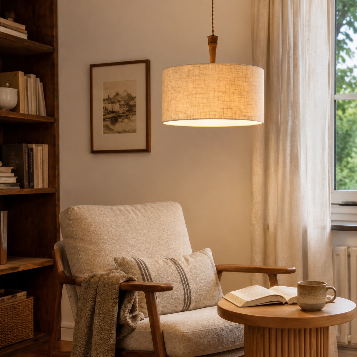 Naturalna lampa wisząca w kształcie bębna z lnu w cichym kąciku do czytania