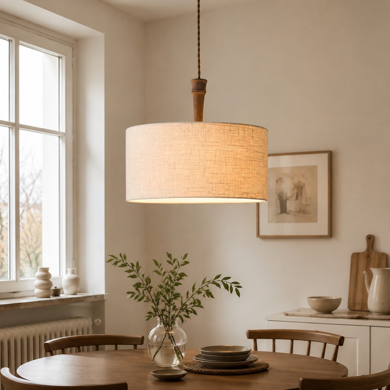 Naturalna lampa wisząca w kształcie bębna z lnu nad stołem jadalnym