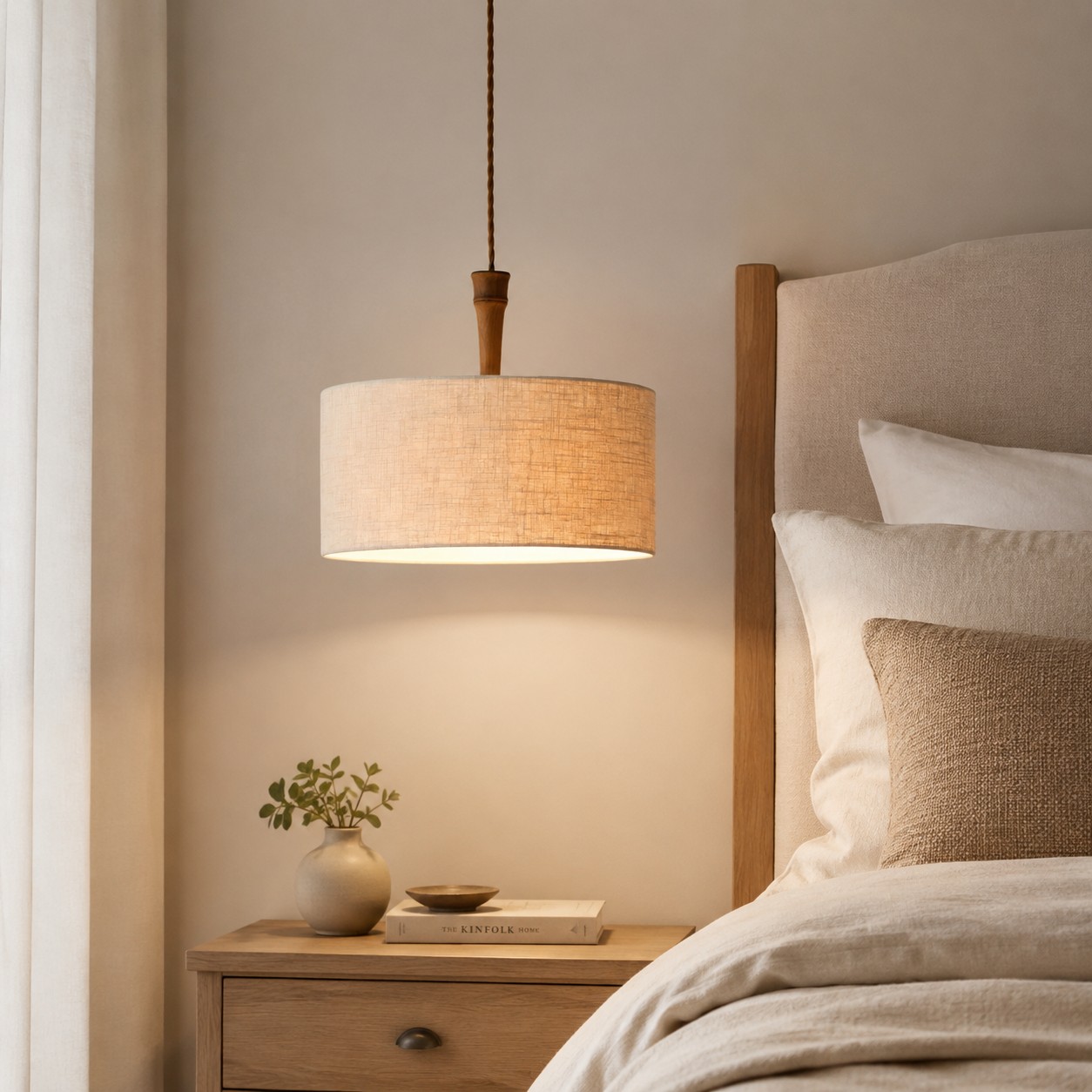 Naturalna lampa wisząca z bębna lnianego przy łóżku