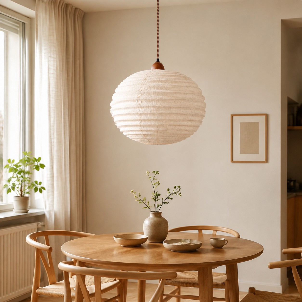 Japanische minimalistische Pendelleuchte aus Baumwolle und Leinen in einer ruhigen Interieurszene