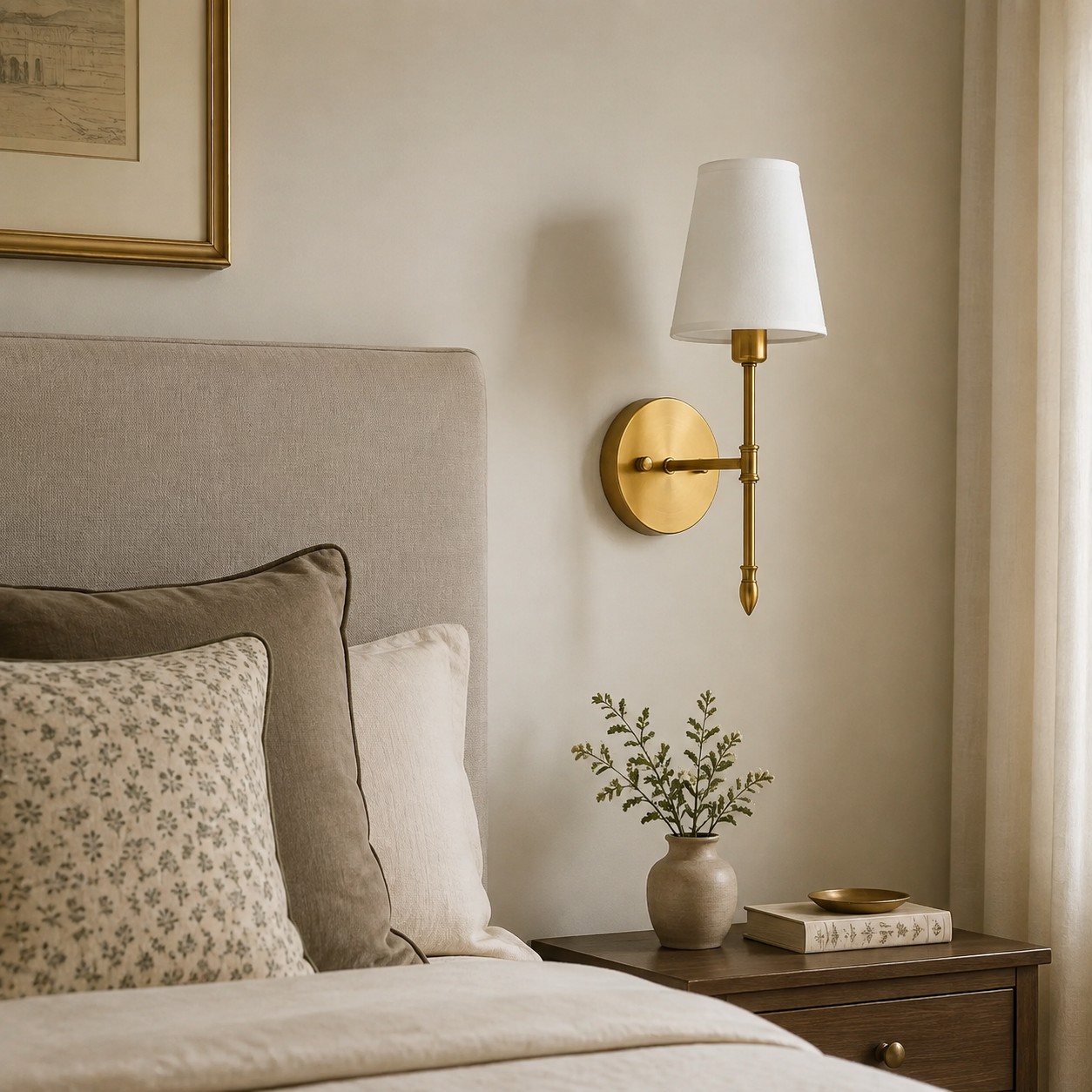 Vintage brass-toned wall light in a warm bedroom setting