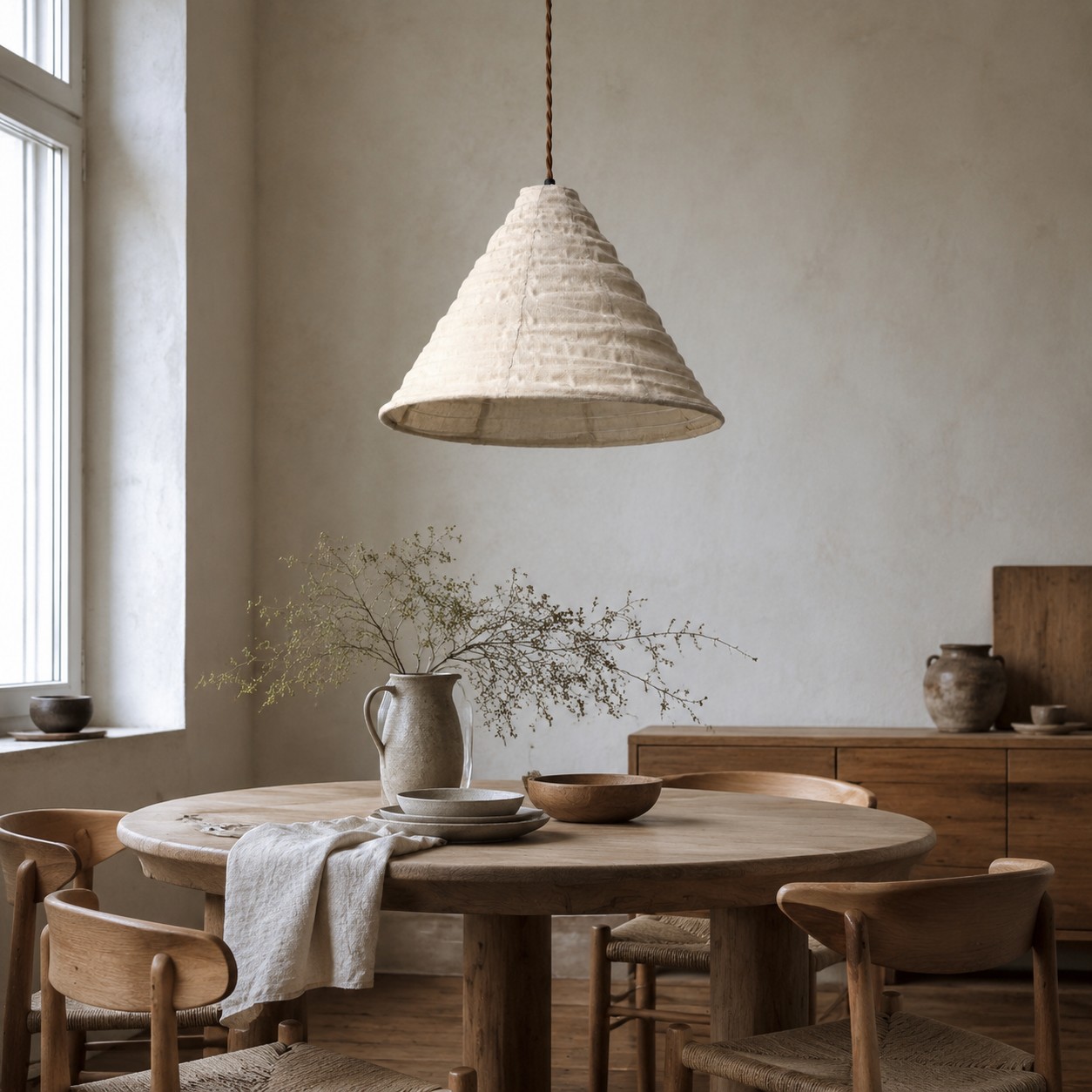 Wabi sabi fabric pendant lamp above a natural wood dining table