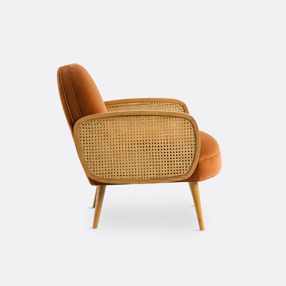 Fauteuil velours et cannage, Buisseau