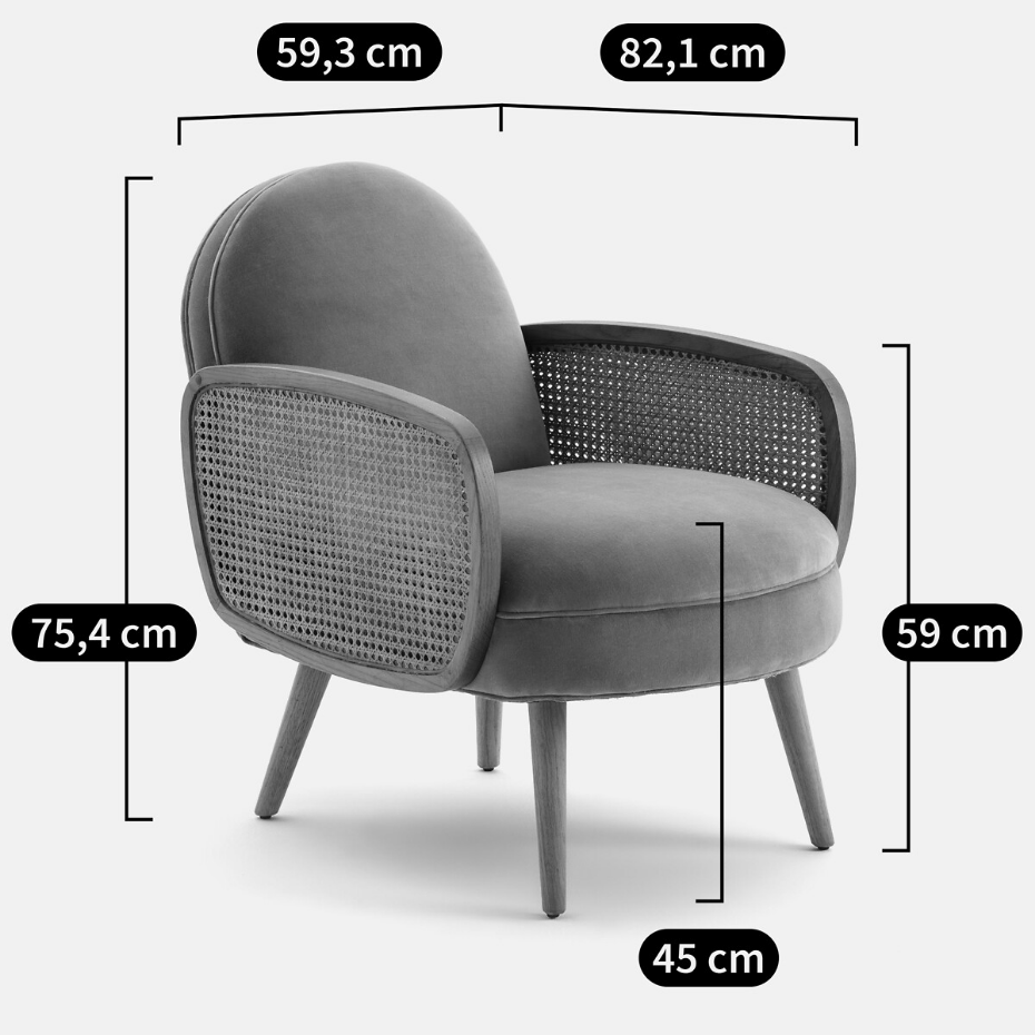 Fauteuil velours et cannage, Buisseau