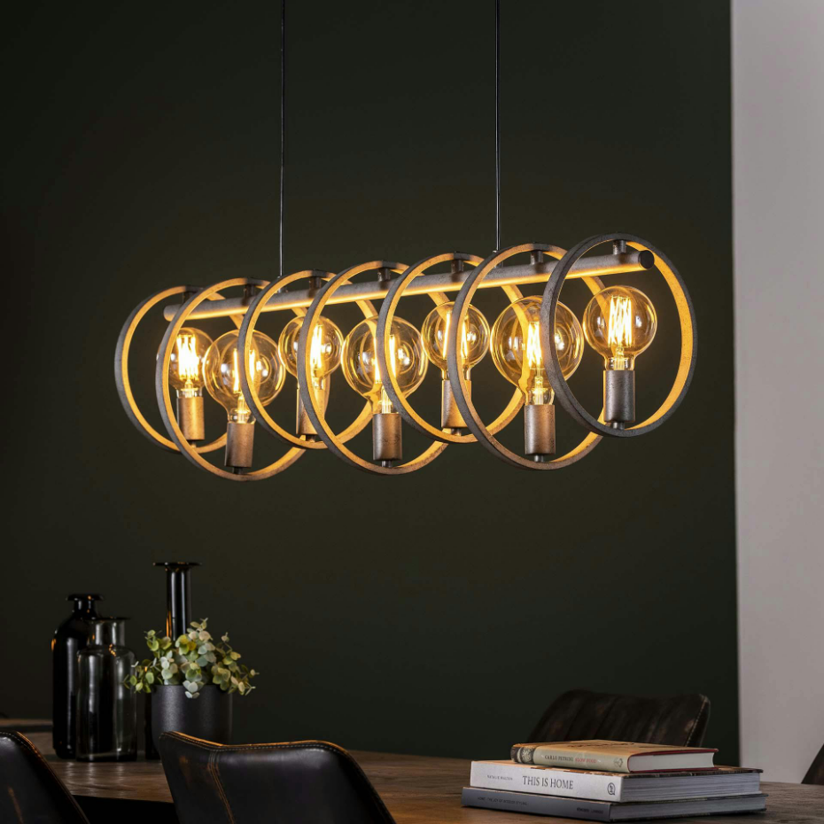 Suspension industrielle 7 lampes cercles finition argent vieilli RALF
