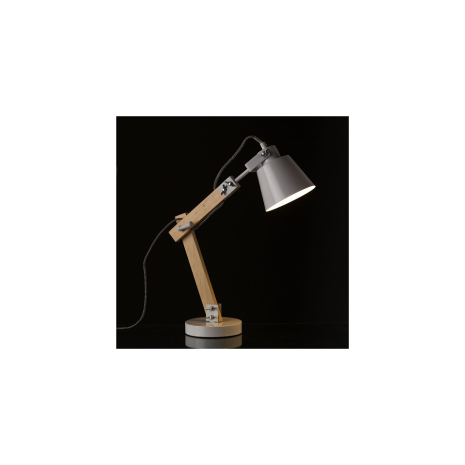 Lampe de Bureau Métal Blanc et Bois - Hauteur 43cm