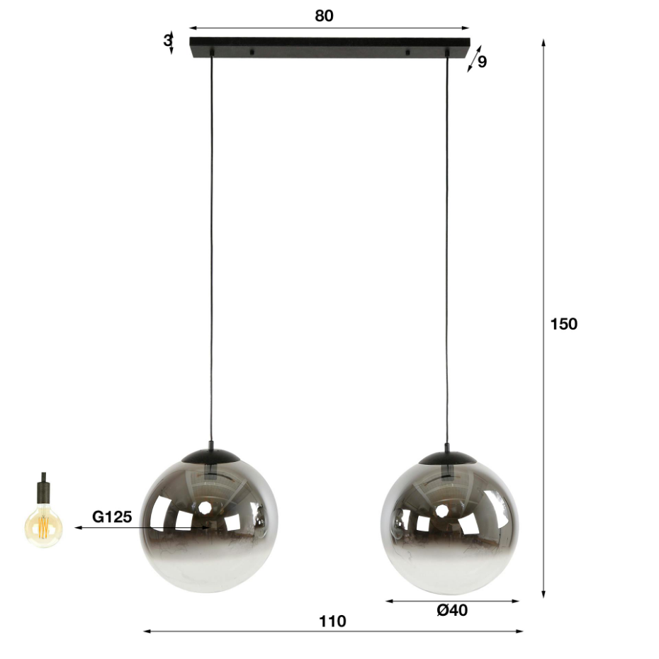 Suspension en verre fumé 2 abat-jour noirs RALF