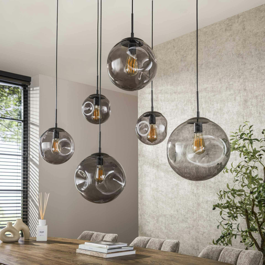 Suspension en verre fumé – 6 globes déformés NIAGARA
