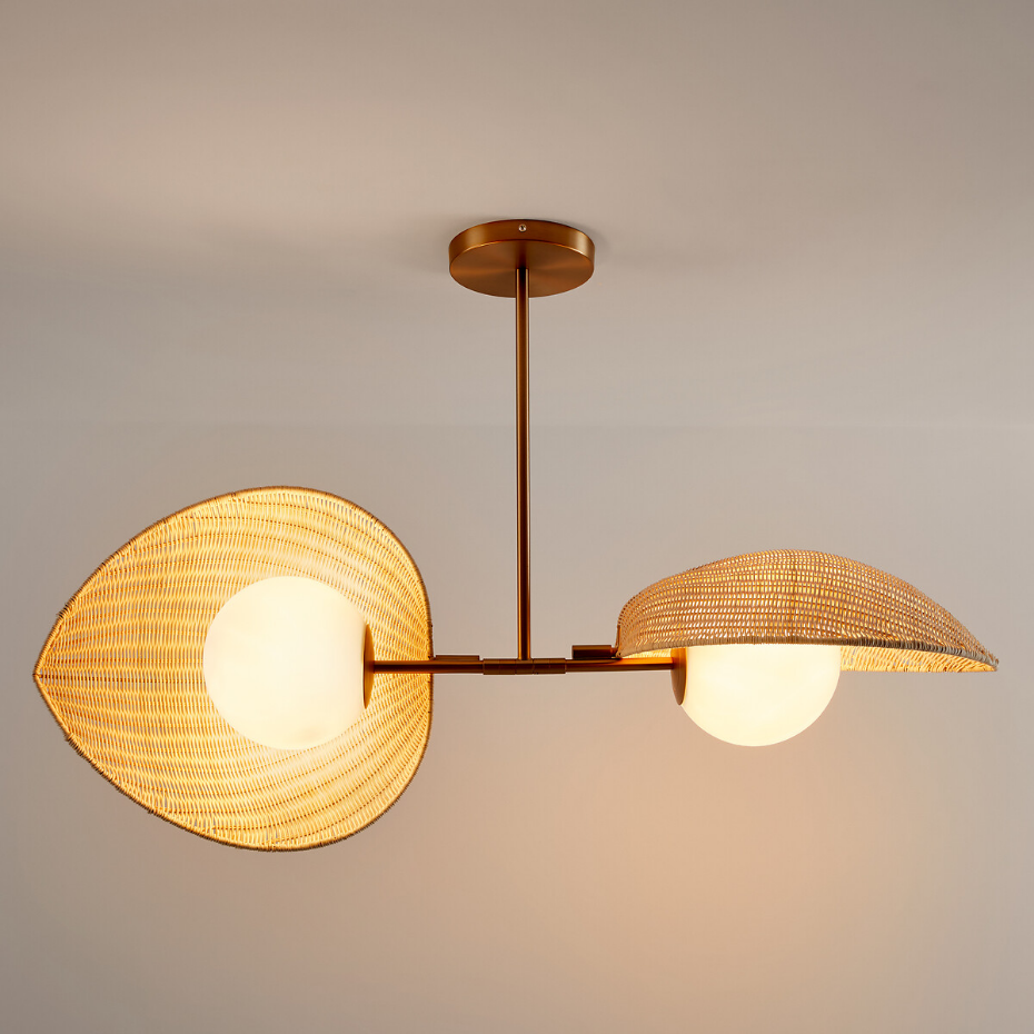 Suspension double opaline, rotin et laiton, Javana