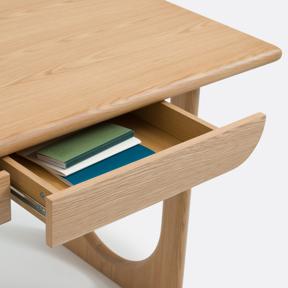 Bureau XL en chêne et plaqué, 2 tiroirs, Douve