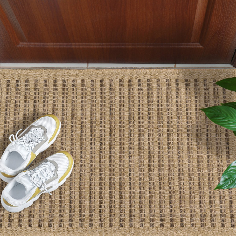 Tapis intérieur extérieur rond aspect jute motifs lignes NATURE