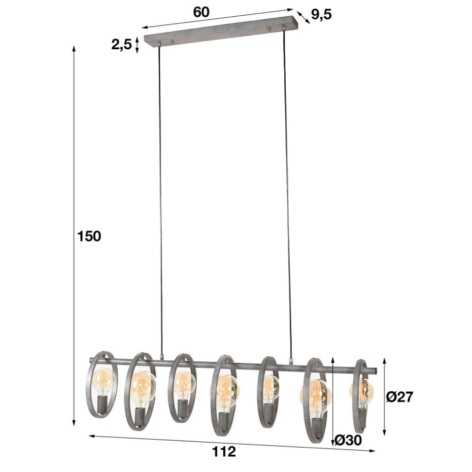 Suspension industrielle 7 lampes cercles finition argent vieilli RALF