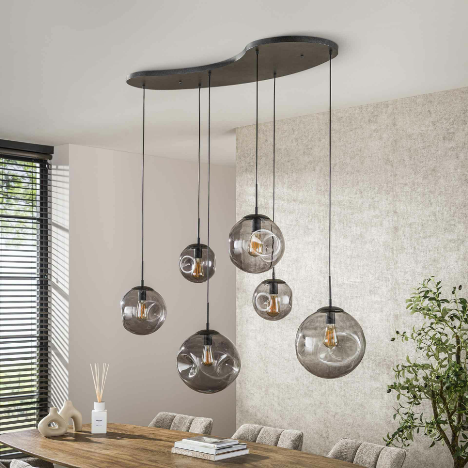 Suspension en verre fumé – 6 globes déformés NIAGARA