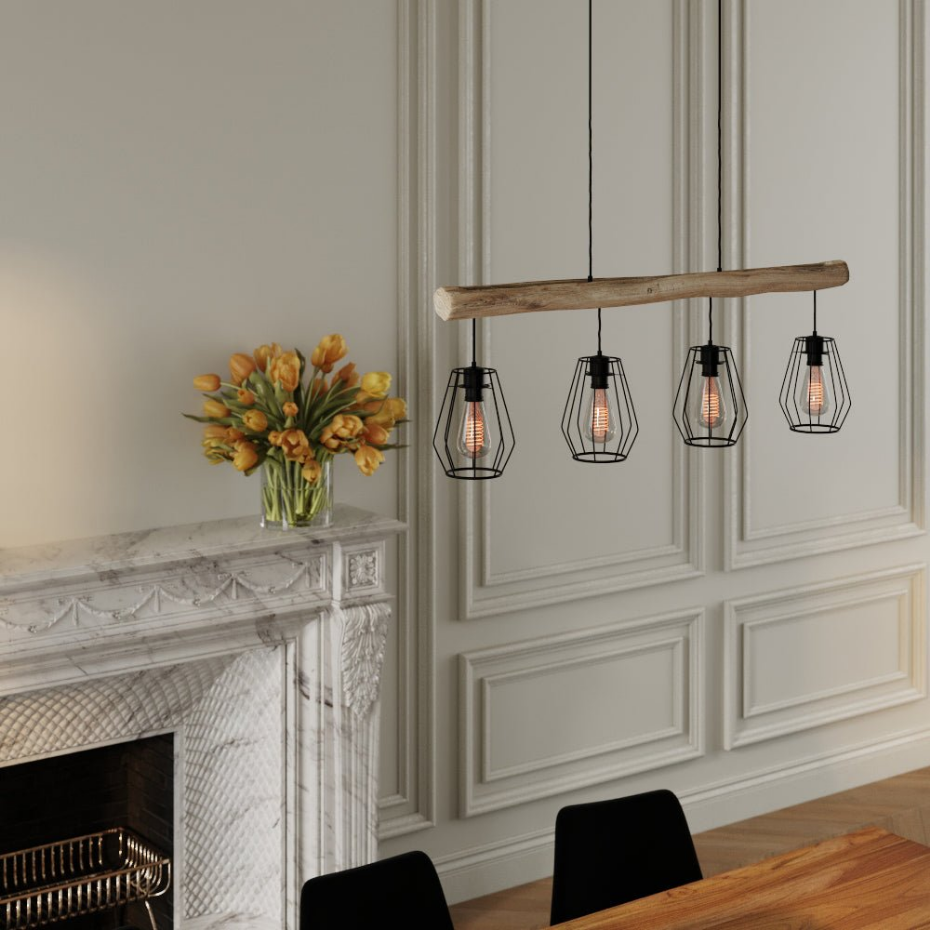 Suspension en bois et métal 4 lampes - CLOTILDE