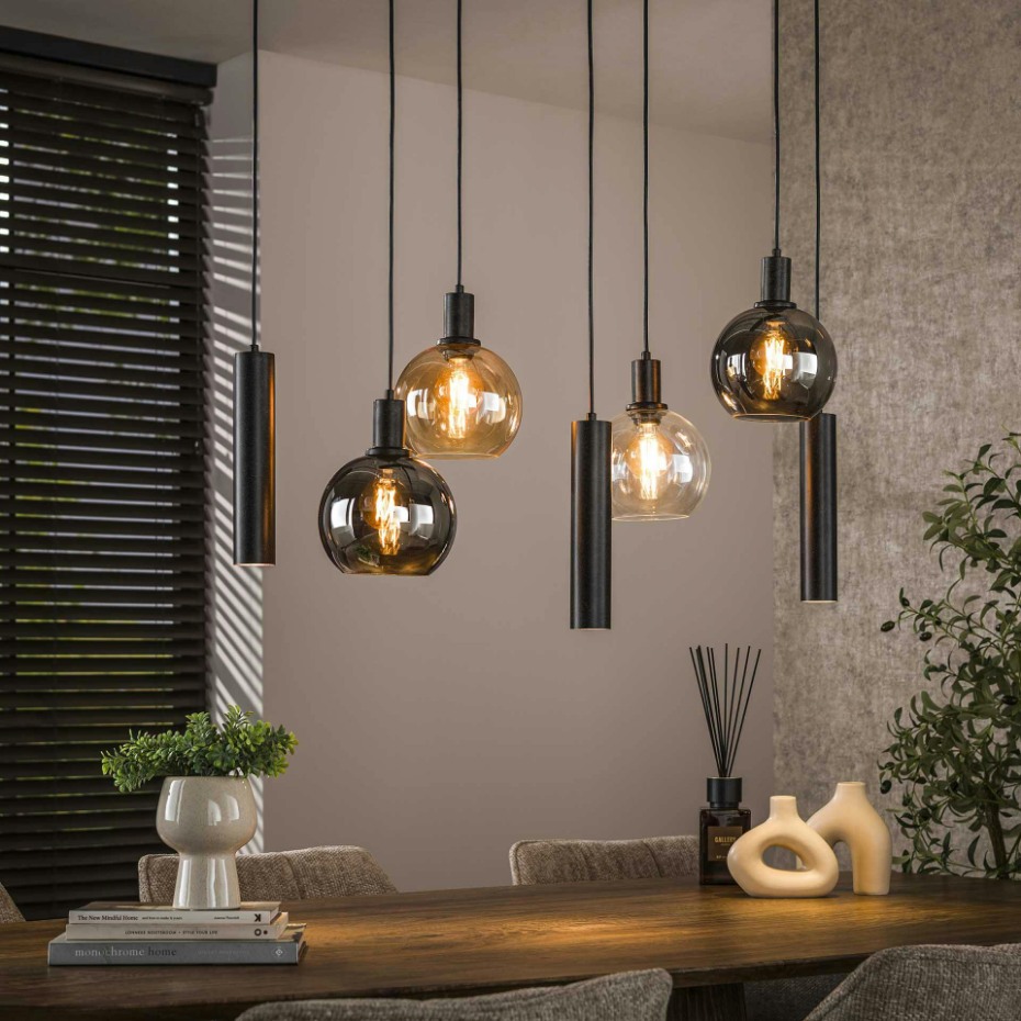Suspension cuisine vintage - 4 globes verre, 3 cylindres NOVA