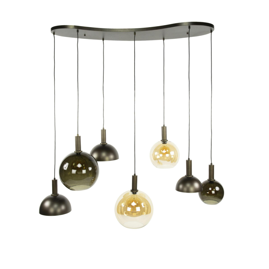 Suspension industrielle abat-jour verre et métal 7 lampes NOVA