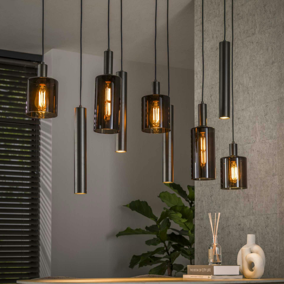 Suspension îlot cuisine verre brun et métal 9 lampes NOVA