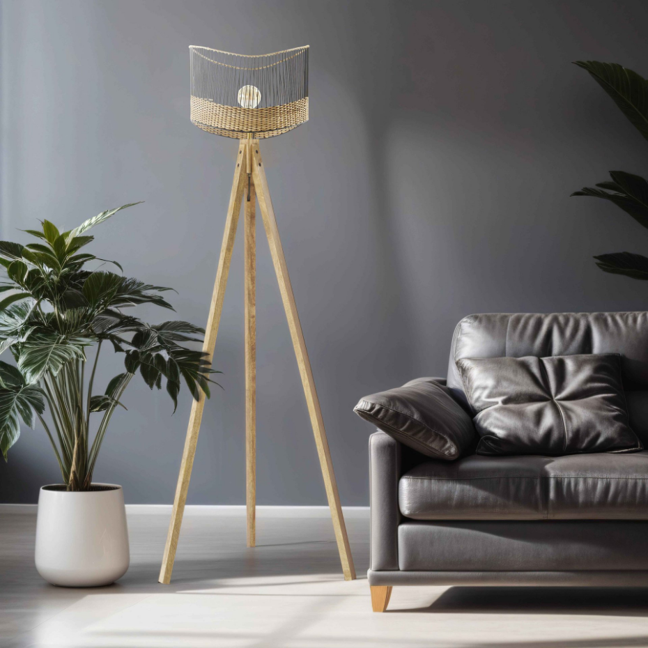 Lampadaire en bois et fibres de rotin
