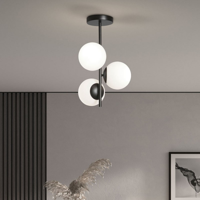 Plafonnier Rondo Noir Mat 3 Globes Verre