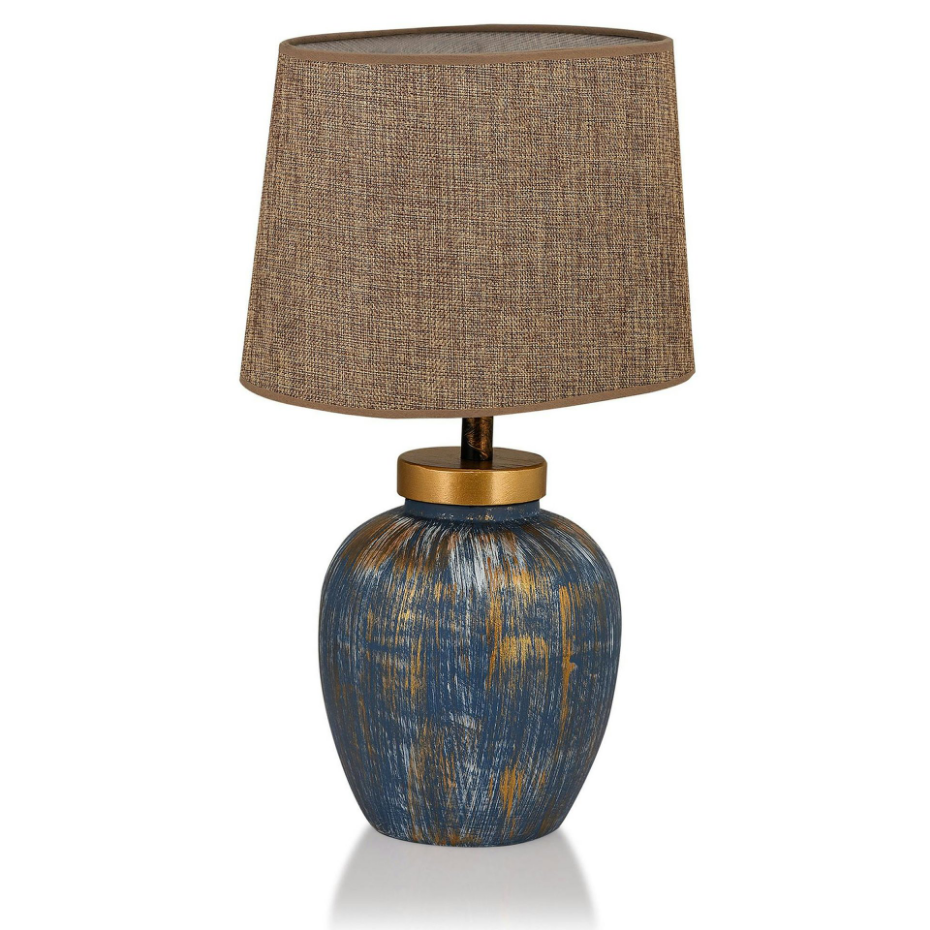 Lampe à poser moderne bleu & or, abat-jour en tissu KARS