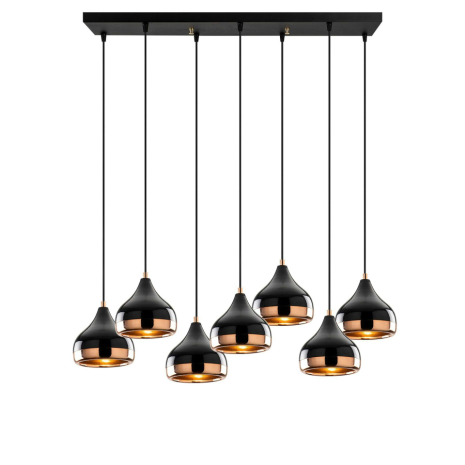 Suspension de table noire & cuivre, 7 abat-jour SILE