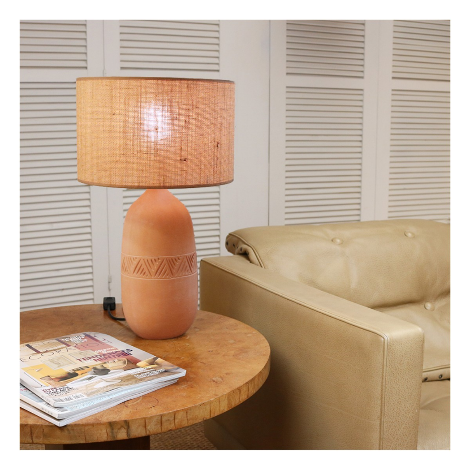 Lampe en terre cuite avec abat-jour jute, KÉO INCA