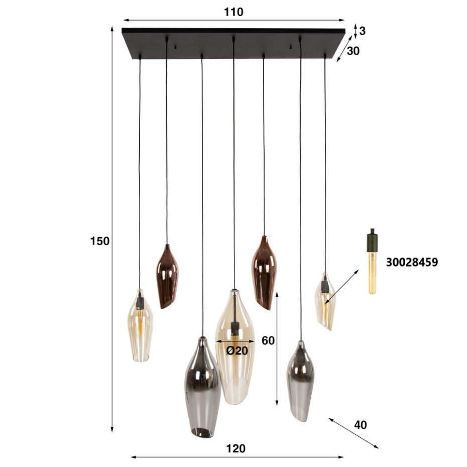 Suspension en verres assortis 7 abat-jour NIAGARA