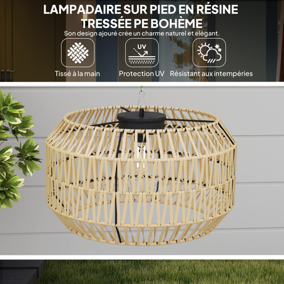 Lampadaire extérieur LED bohème résine effet rotin