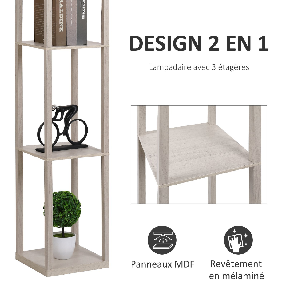 Lampadaire étagères 3 niveaux aspect bois