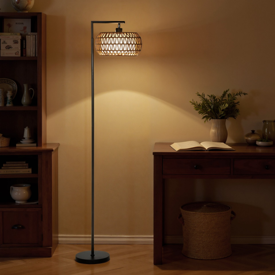 Lampadaire sur pied style bohème H.170cm métal noir tissu tressé