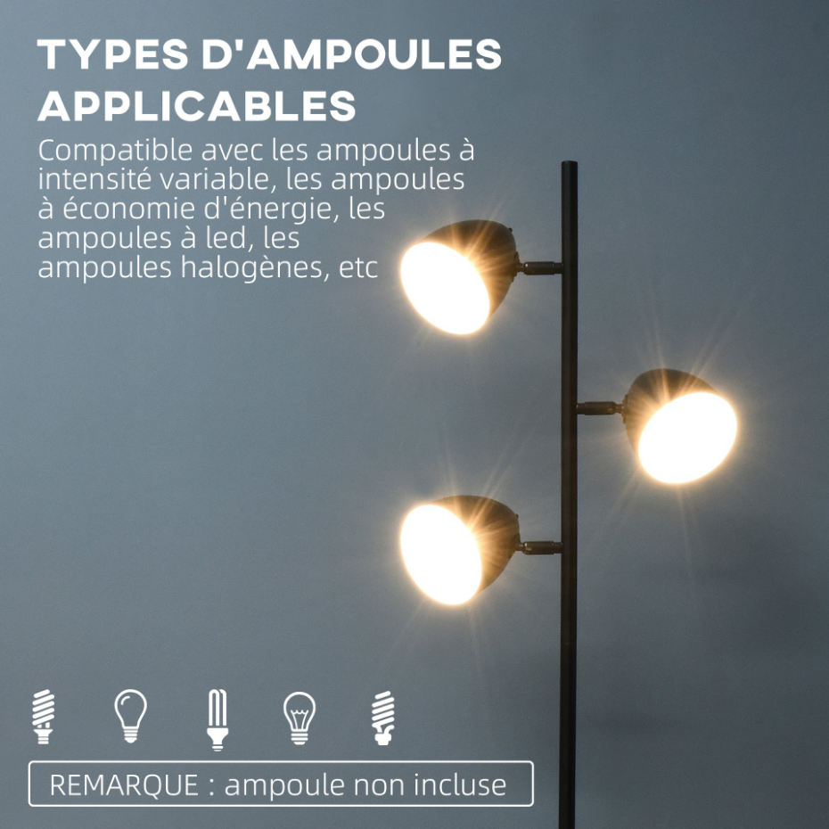 Lampadaire design industriel 3 abats-jours orientables acier noir