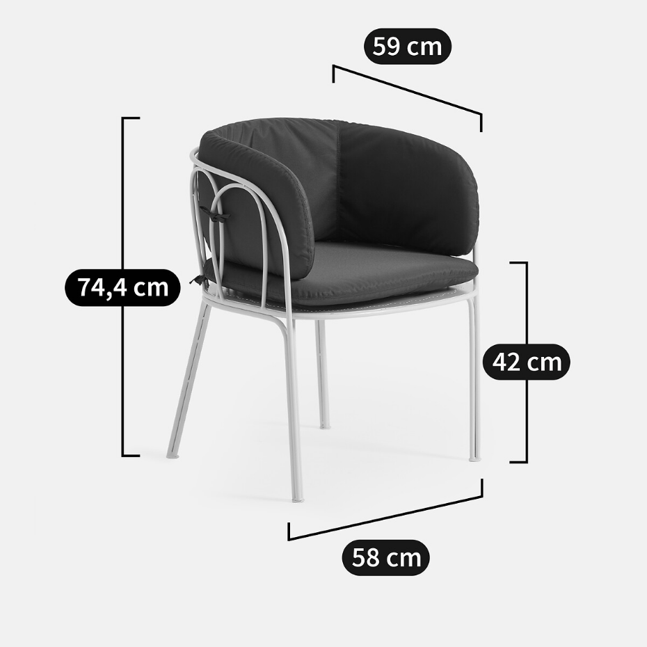 Fauteuil de table de jardin, en métal acier, avec coussins, LACOMO