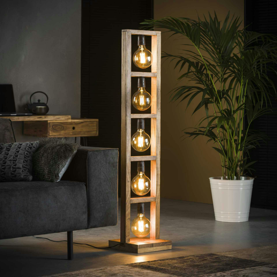 Lampadaire contemporain échelle bois 5 lampes LUCKNOW