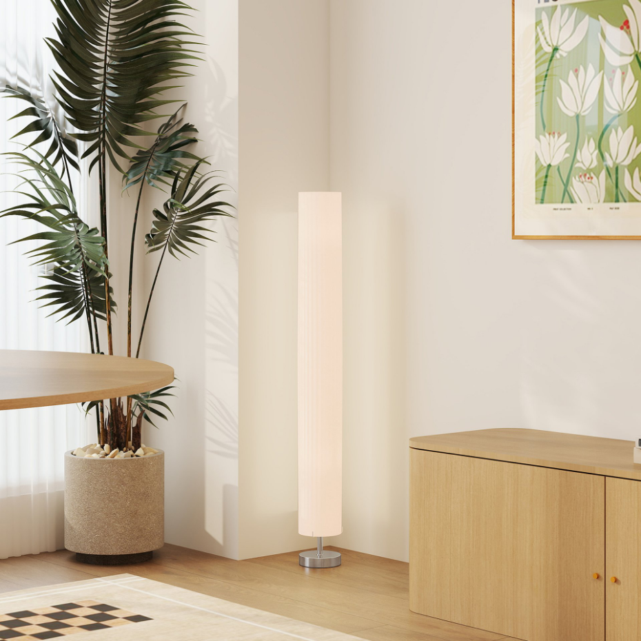 Lampadaire colonne sur pied design H.120 cm acier inox tissu blanc