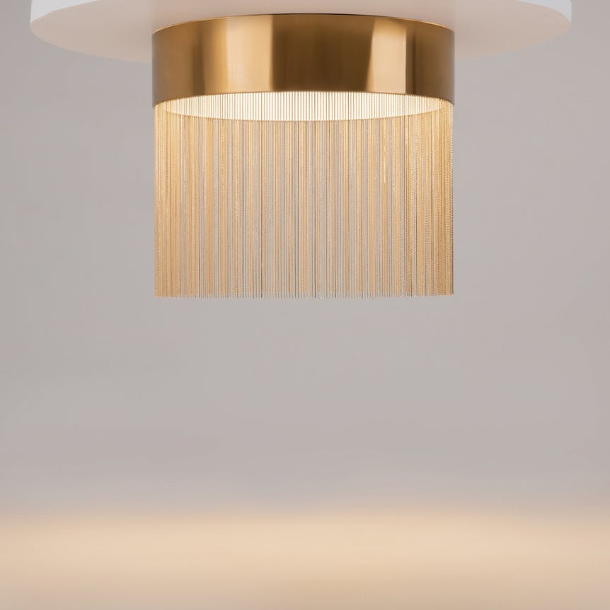 Plafonnier moderne rond – franges dorées & LED AMOS