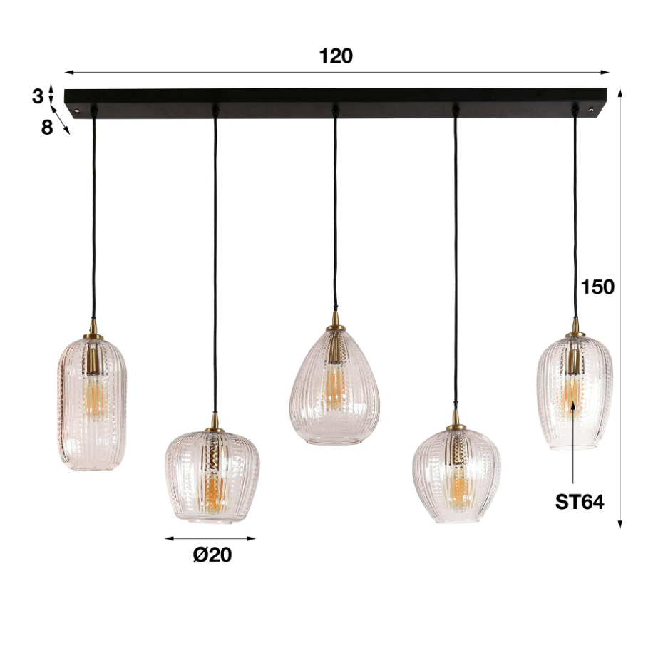 Suspension en verre travaillé 5 lampes NOVA