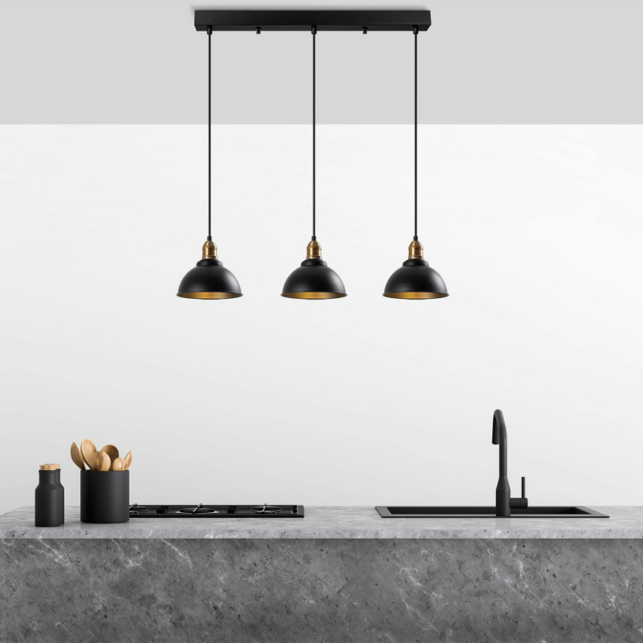 Suspension îlot cuisine – 3 lampes noir et or SILE