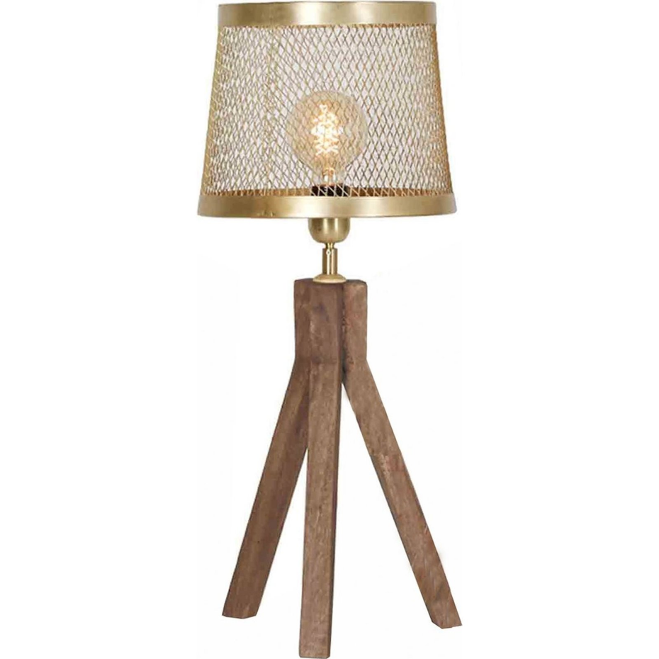 Lampe de table trépied en bois et abat-jour grillagé rond