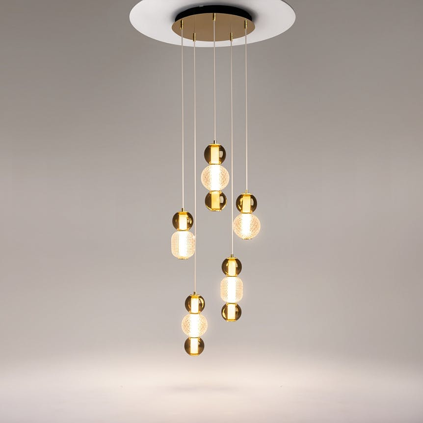 Suspension verre taillé, 5 abat-jour suspendus dorés ADA