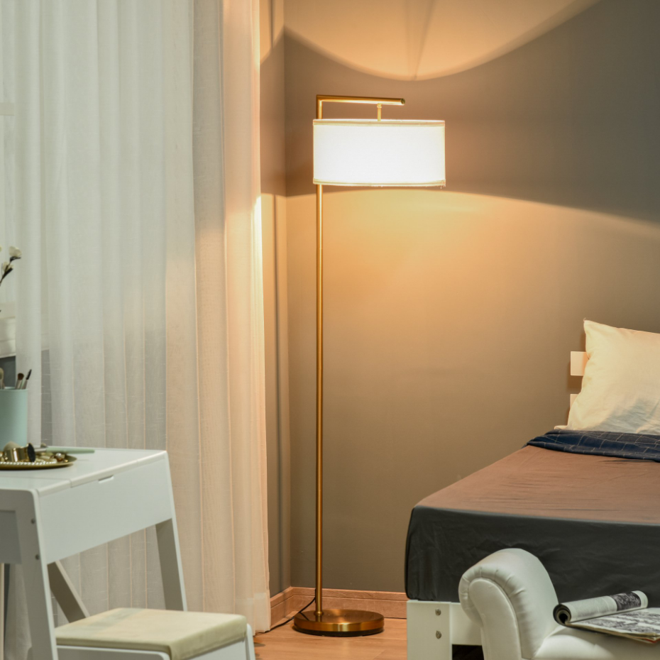 Lampadaire design néo-rétro 153H cm abat-jour aspect lin blanc métal doré