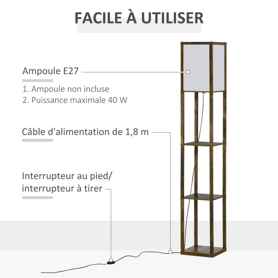 Lampadaire étagères 3 niveaux aspect bois