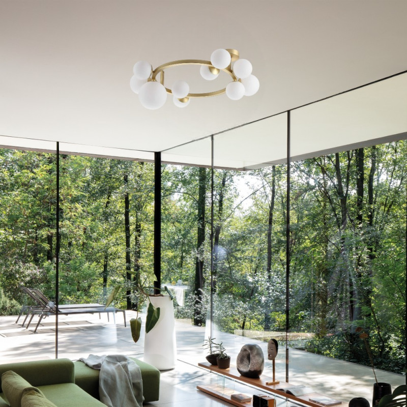 Plafonnier laiton rond Perlage 10 globes verre soufflé