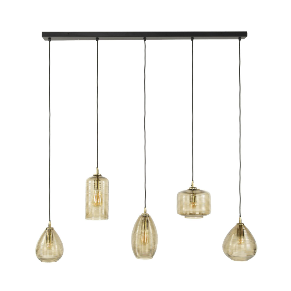 Suspension de table en verre brun 5 lampes striées NOVA